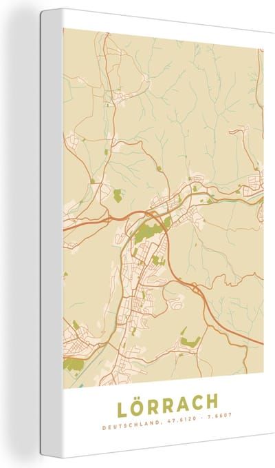 Canvas Schilderij Stadskaart - Lörrach - Vintage - Kaart - Plattegrond - 20x30 cm - Wanddecoratie