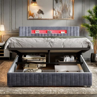 Tweepersoonsbed 140x200 cm – Grijs Fluweel – Gasveer Opbergbed – LED Hoofdbord Verlichting – Luxe Modern Bed met Opbergruimte