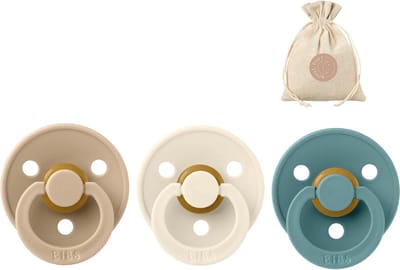 3 BIBS fopspenen maat 1 - Taupe, Ivory en Island Sea + BolleToet speenzakje