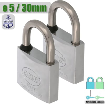 AMIG Hangslot met Sleutel Klein RVS Ø5/30mm - Standaard Beugel Buiten 2 Stuks