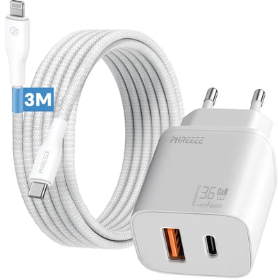 Phreeze 2 poorts usb adapter 35w met oplaadkabel geschikt voor iphone en ipad met lightning kabel - Snellader 3 meter