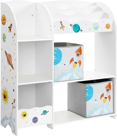 Opbergrek Opbergdoos Speelgoed- en boekenrek Multifunctionele opbergunit met 2 opbergdozen Grote capaciteit en veelzijdige opbergmogelijkheden Geschikt voor speelkamer, slaapkamer en woonkamer 93 x 30 x 100 cm Wit