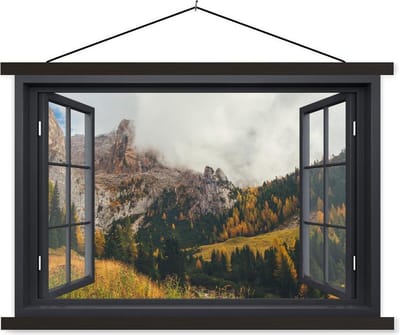 Posterhanger incl. Poster 150x100 cm - Schoolplaat - Doorkijk - Berg - Boom - Textielposter - Zwarte latten
