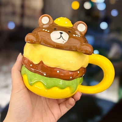 Tasse Burger en Céramique Design Créatif avec Couvercle Forme d'Animal de Dessin Animé Mignon Tasse à Boire Ménagère Souvenir 420ml
