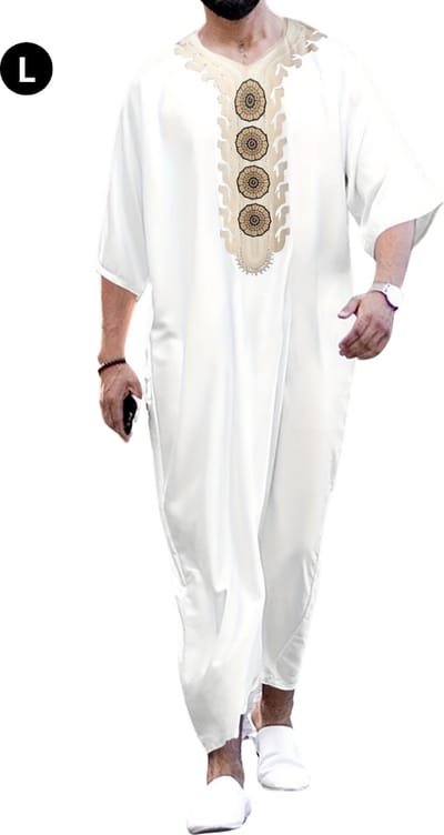 Livano Moslim Kleding - Djellaba Heren - Islamitische Kleding - Alhamdulillah - Arabisch Mannen Kaftan - Melkachtig - Maat L