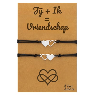 Vriendschapsarmbandjes voor 2 "Jij + Ik = Vriendschap" - Hartjes - BFF Armbandjes met Persoonlijk Cadeau Kaartje - Zilverkleurig - Elastisch Verstelbaar - Pax Amare