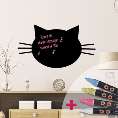 Schoolbordsticker - uitwisbare zelfklevende muurstickers - KATTENKOP + 4 VLOEIBARE KRIJTJES - 25x30cm