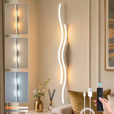 MUPOO Wandlamp binnen Oplaadbaar Draadloos met Afstandsbediening- Zonder boren-10000mAh-Modern USB Wandlampen met 3 Lichtkleuren- Wandverlichting voor Slaapkamer,Woonkamer,Gang & Hal-Zwart-1 stuk