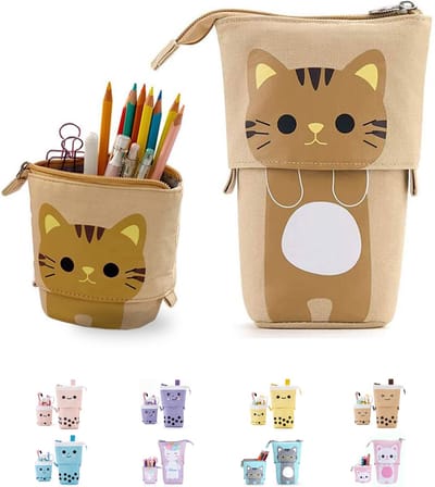 LIXIN Staande Etui - Bruine Kat - Pennenzak voor jongens en meisjes - Canvas - Linnen - School etui - Staande etui voor kinderen en volwassenen - School - Terug naar school - Back to school - Leuke telescopishe pennenhouder - Leuk etui - Gift- Cadeau