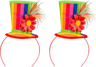 Boland Carnaval verkleed mini hoge hoed voor diverse thema's - 2x - multi colour - ornamenten - diadeem - dames - clown