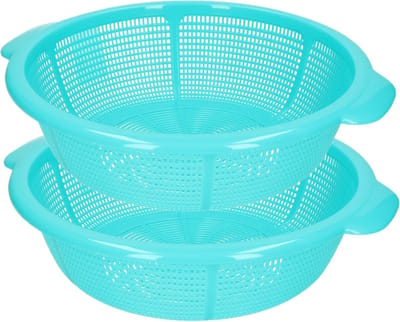 Plasticforte keuken vergiet - 2x stuks - blauw - 31 x 9,5 cm - kunststof - afgieten van groente en pasta