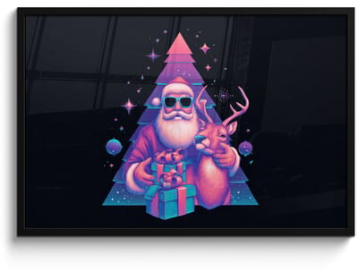 Poster in lijst - Fotolijst 90x60 cm - Posters - Retro - Kerstman - Rendieren - Kerstboom - Posterlijst zwart - Decoratie - Wanddecoratie woonkamer - Muurdecoratie slaapkamer - Kerstversiering - Kerstdecoratie voor binnen - Kerstmis