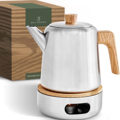 WALDWERK Theepot met warmhouder (1.1L) - theepot met filter gemaakt van roestvrij 304 roestvrij staal - theepot roestvrij staal met eikengreep - 100% druppelvrij - theekan met zeefverwijderbaar