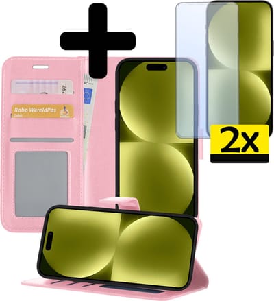 Hoesje - Met 2x Screenprotector - Geschikt voor Apple iPhone 15 Plus - Luxe Pasjeshouder - Bookcase Portemonee - Flip Case - Kunstleer Book Case - Flipcase Hoes - Book Cover - Walletcase - Portemonneehoes - Telefoonhoesjes - Lichtroze