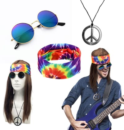 Dailygoods- Hippiekostuum Complete Set - Hippiekostuum Dames/Heren - Pruik - Zonnebril - Halsketting - Retro Accessoires - Kostuumset