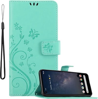 Cadorabo Hoesje geschikt voor Google PIXEL 4A 5G in BLOEMEN TURKOOIS - Beschermhoes in bloemmotief met magnetische sluiting, standfunctie en kaartsleuven Book Case Cover Etui