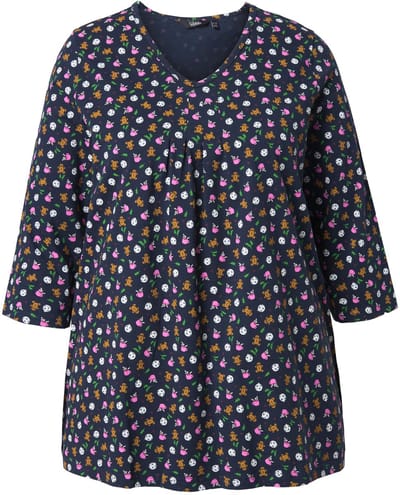 Ulla Popken - Dames - Shirt peperkoekfiguurtjes A-lijn V-hals 3/4-mouwen - Marine - Maat 46+
