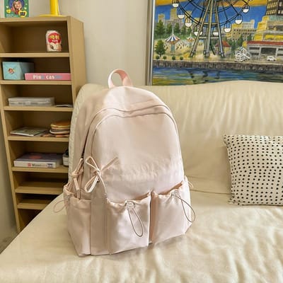 Eenvoudige Effen Kleur Dames Rugzak Dubbel Vak Trekkoord Licht Student Schattig Reizen Strik Joker College Student Tas