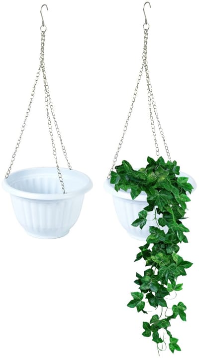 Plasticforte Plantenpot - 2x - hangend - kunststof - wit - D20 x H12 cm - bloempot aan ketting