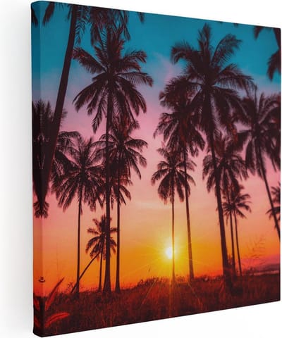 Artaza Canvas Schilderij Zonsondergang Strand - 30x30 cm - Klein - Wanddecoratie Palmboom - Muurdecoratie Zee - Kamer Accessoires
