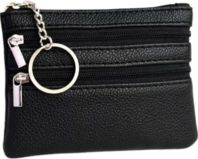 Jumalu Mini Muntportemonnee met Sleutelhanger – Kunstleren Portemonnee met 3 Ritsvakken – Compacte Sleutel Portemonnee voor Munten, Pasjes & Sleutels – Zwart
