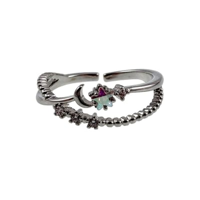 Verstelbare Ring met Sterren, Maan en Zirkonia, Ring, Plated, Dames - Size 16 - 17mm