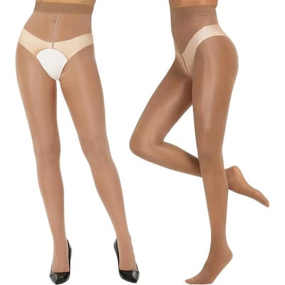 Kave 2 Paar Open/Gesloten Kruis Grote Maten Glad Glanzende Paardenolie Panty's Voor Vrouwen Hoge Taille Zijde Olie Glans Dunne Panty's Fit for 40-70kg brown