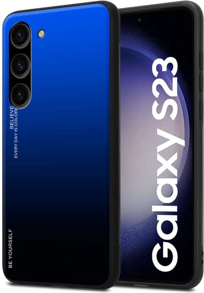 Cadorabo Hoesje geschikt voor Samsung Galaxy S23 in BLAUW - ZWART - Tweekleurige beschermhoes van TPU-silicone Case Cover en achterzijde van gehard glas