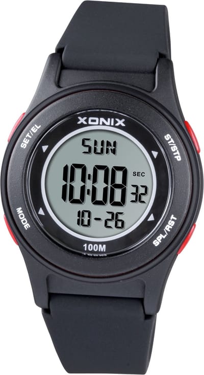 Xonix BBH-007A - Horloge - Digitaal - Kinderen - Jongen - Rond - Siliconen band - ABS - Cijfers - Achtergrondverlichting - Alarm - Start-Stop - Chronograaf - Tweede tijdzone - 12/24 - Waterdicht - Zwart - Rood - 10ATM