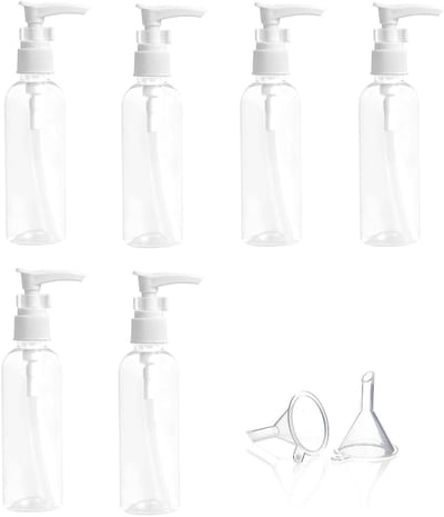 pompfles, transparante airless pompfles, dispenserfles, kunststof, 6 stuks, transparante reisflessen, 100 ml zeepdispenser met 2 trechters voor cosmetische lotion voor op reis