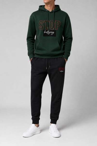 Trainingspak Heren – Hoodie Heren – Sportbroek Heren – STOP BULLYING – Katoen - Donkergroen - XS