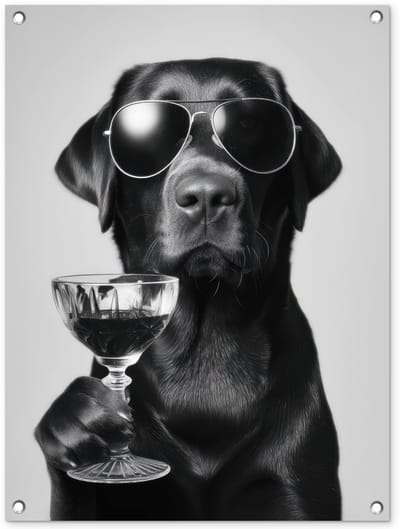 Tuinposter 60x80 cm - Tuindecoratie Hond - Zwart - Wijnglas - Zonnebril - Poster voor in de tuin - Buiten decoratie - Schutting tuinschilderij - Tuindoek muurdecoratie - Wanddecoratie balkondoek