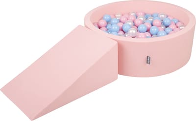 KiddyMoon Schuimspeelplaats met ramp Ballenbad - 7cm 100 Ballen - Ballenbak voor baby's foam - Ballenbak voor kinderen - Speelbad - Schuimspeelset - Roze: Babyblauw Poederroze Parel