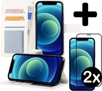 Hoesje - Met 2x Screenprotector - Geschikt voor Apple iPhone 12 - Luxe Pasjeshouder - Flip Case - Bookcase Portemonee - Kunstleer Book Case - Flipcase Hoes - Book Cover - Walletcase - Portemonneehoes - Telefoonhoes - Wit