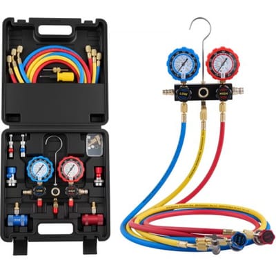 VEVOR AC airconditioning drukmeterset voor R134a, R404a, R1234y en R22 koelmiddelen, 3-weg drukmeter met 1,5 m slangen, adapters, snelkoppelingen en aansluitklemmen. Geschikt voor auto-airconditioningsystemen.