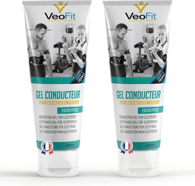 VEOFIT Contactgel met Eucalyptus voor Elektrostimulatie 2*250mL - Made in France - geleidende elektrode gel voor TENS / EMS buikspiergordel - huidbescherming en hydratatie - elektroden therapie