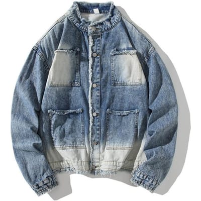 Retro Oude Ruwe Rand Denim Jas Heren Lente en Herfst Losse Pasvorm Casual Kleurverloop Jas XL