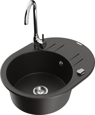 Mexen Kevin granieten spoelbak 1-comparteer met afdruiprek en keukenkraan Telma, zwart/gouden metallic - 6517-75-670200-00
