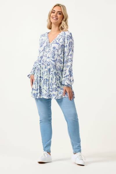 Yours Blauwe Blouse Met Paisleyprint En Ruches Size 42
