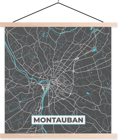 Posterhanger incl. Poster 40x40 cm - Schoolplaat - Montauban - Frankrijk - Plattegrond - Kaart - Stadskaart - Textielposter - Blanke latten - Stadskaart