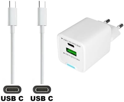 OneOne 35W super snellader met 2 poorten. Oplader met sterke 1,5m USB C naar C kabel. PD lader adapter past op Universeel Bang & Olufsen, Blackview, Beats, Boox (ONYX), Canon, DJI, FujiFujiFilm, Gigaset, GoPro, Corsair, JBL, Stratus