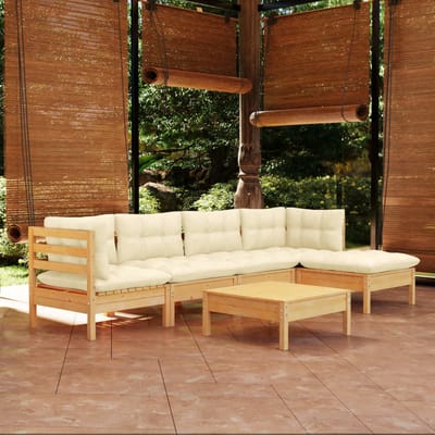 vidaXL - 6-delige - Loungeset - met - crèmekleurige - kussens - grenenhout