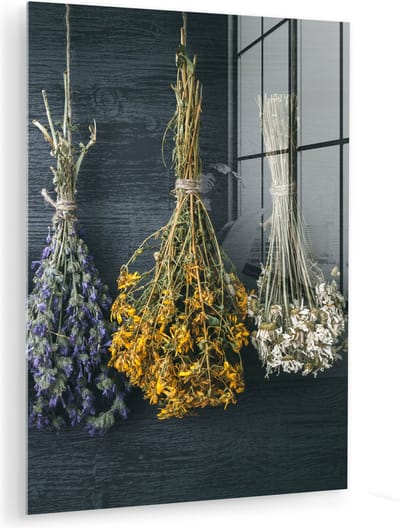 MuchoWow® Glasschilderij 120x160 cm - Schilderij acrylglas - Droogbloemen - Bloemen - Boeket - Stilleven - Touw - Bundel - Foto op glas - Muurdecoratie woonkamer - Wanddecoratie slaapkamer - Schilderijen
