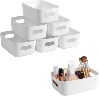 Stapelbare opbergdozen van kunststof, 6 stuks, met handgrepen voor badkamer, keuken en kinderkamer, ideale organizer voor cosmetica en kantooraccessoires