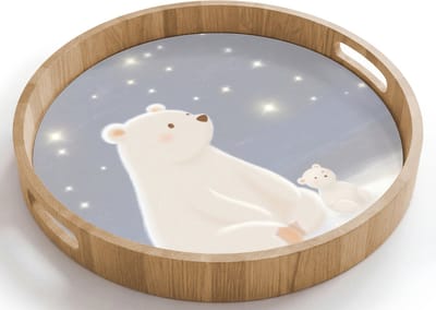 Dienblad rond 40x40 cm - Schootdienblad hout - Ijsbeer - Sneeuw - Sterren - Blauw - Borrelplank rechthoek - Plateau houten dienbladen