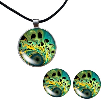 Set ketting pauw clip oorbellen groen 2 cm - Charme Bijoux