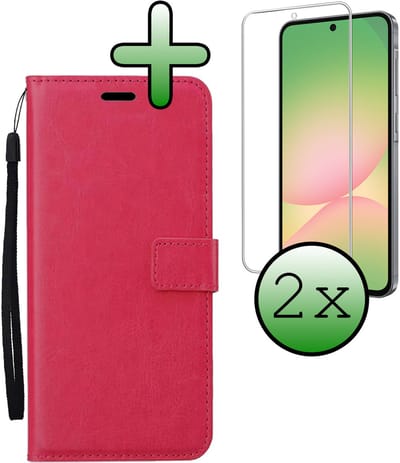 Hoesje Met 2x Screenprotector - Geschikt voor Samsung Galaxy A56 - Luxe Pasjeshouder - Bookcase Portemonee - Flip Case - Kunstleer Book Case - Flipcase Hoes - Book Cover - Walletcase - Portemonneehoes - Donkerroze