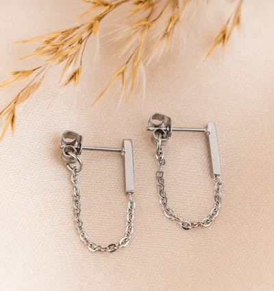 Oorbellen met Ketting 'Bar'| Stainless Steel Zilver