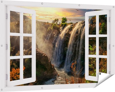 Gards Tuinposter Doorkijk Watervallen vanaf de Kliffen - 150x100 cm - Tuindoek - Tuindecoratie - Wanddecoratie buiten - Tuinschilderij