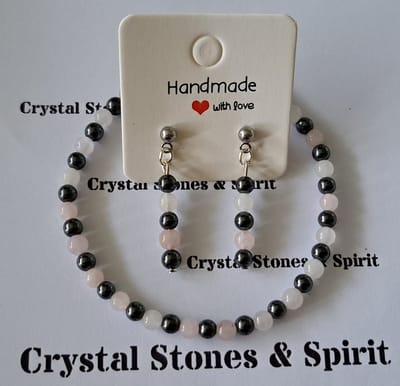 Set Rozenkwarts / Hematiet Armband en Oorbellen 4mm knop